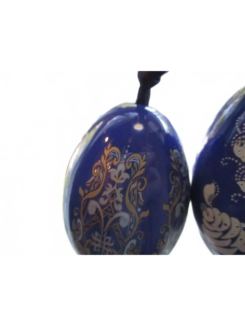 Set of 3 Hand Painted Blue Lacquer Hanging Egg Ornaments Vintage Folk Art